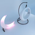 Modern Hanging Lounge Chair with White Circular Design Metal Stand and Crescent Light