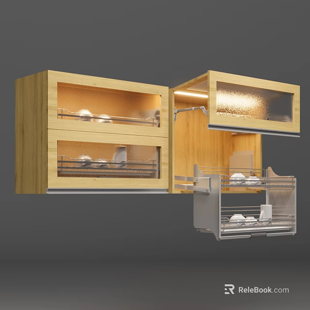 Wooden Kitchen Cabinets With Glass Doors Interior Shelves Lighting And Pull Out Drawers 3d model 