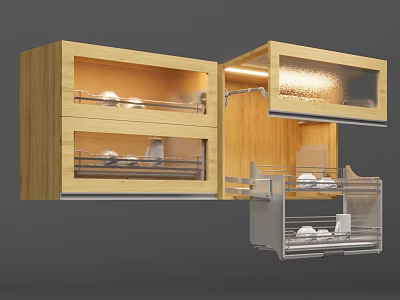 Wooden Kitchen Cabinets With Glass Doors Interior Shelves Lighting And Pull Out Drawers 3d model