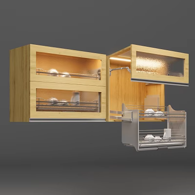 Wooden Kitchen Cabinets With Glass Doors Interior Shelves Lighting And Pull Out Drawers 3d model