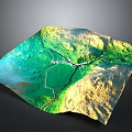3D Topographic Terrain Model With Green Areas Yellow Mountains And White Roads