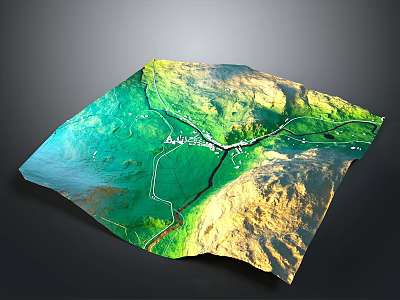 3D Topographic Terrain Model With Green Areas Yellow Mountains And White Roads 3d model