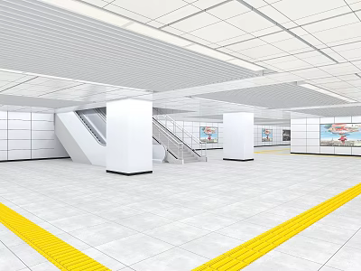 Modern Station Interior With White Pillars Escalators Yellow Safety Lines And Wall Posters 3d model