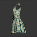 Sleeveless Belted Dress With Light Green Beige And Blue Patterns A Line Skirt