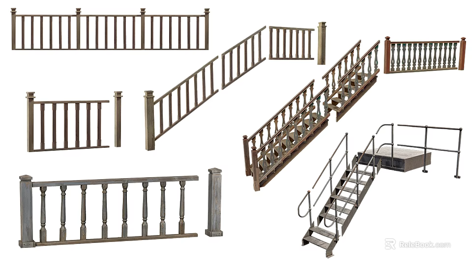 Staircases With Various Designs Including Wooden Railings Handrails Posts And Components 3d model 