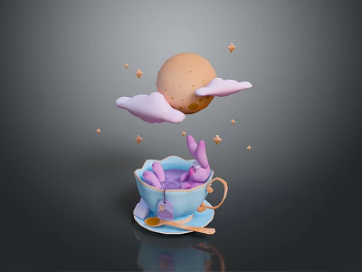 Whimsical Scene With Blue Cup Purple Rabbit Saucer Spoon Cloud Moon And Stars 3d model