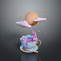 Whimsical Scene With Blue Cup Purple Rabbit Saucer Spoon Cloud Moon And Stars
