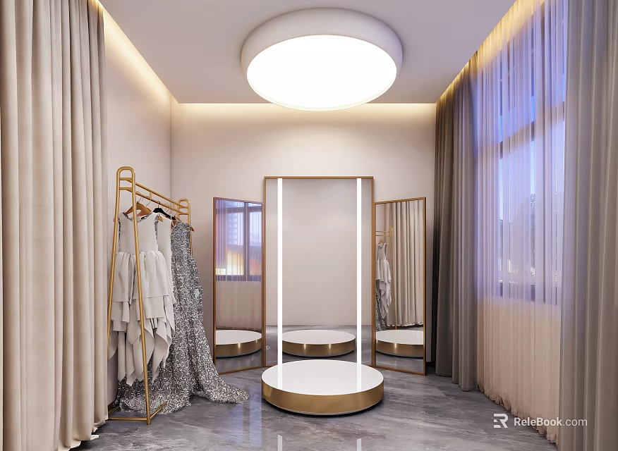 Elegant Bridal Shop Interior With Circular Fitting Platform Gold Racks Wedding Dresses Mirrors And Curtains 3d model 