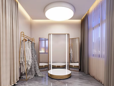 Elegant Bridal Shop Interior With Circular Fitting Platform Gold Racks Wedding Dresses Mirrors And Curtains 3d model