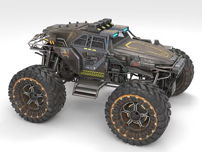 Dark Industrial Off Road Vehicle With Large Tires And Mechanical Details 3d model