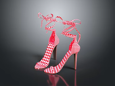 Stylish Red And White Gingham Women's High Heels With Lace Up Stiletto Design 3d model