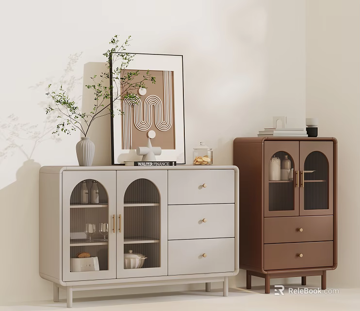 Modern Light Gray Brown Entryway Cabinet Side Cabinet With Arch Glass Doors Drawers And Decorative Plant 3d model 