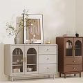 Modern Light Gray Brown Entryway Cabinet Side Cabinet With Arch Glass Doors Drawers And Decorative Plant