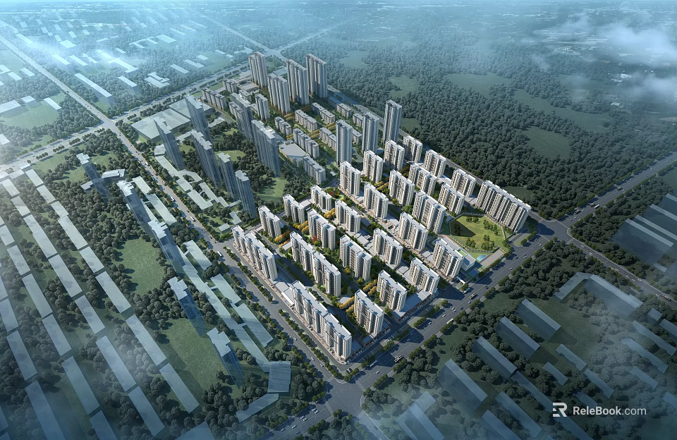 Aerial View Planning of Modern Urban Residential Area With High Rise Buildings And Green Spaces 3d model 