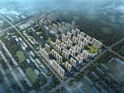Aerial View Planning of Modern Urban Residential Area With High Rise Buildings And Green Spaces 3d model