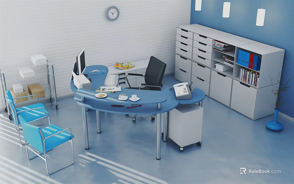 Blue Curved Office Desk With Computer Monitor Phone Documents And Storage Cabinets 3d model 
