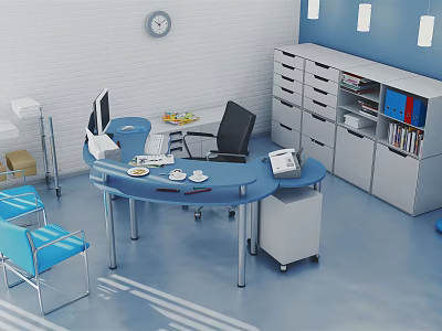 Blue Curved Office Desk With Computer Monitor Phone Documents And Storage Cabinets 3d model