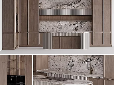 Elegant Modern Kitchen Interior Design With Marble Island Countertop And Wooden Cabinets 3d model