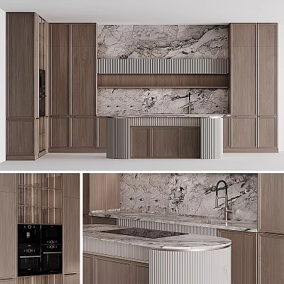 Elegant Modern Kitchen Interior Design With Marble Island Countertop And Wooden Cabinets 3d model