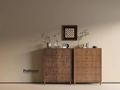 Modern Poilform Walnut Wood Entryway Cabinet And Sideboard With Drawers Decorated With Plants Vases 3d model