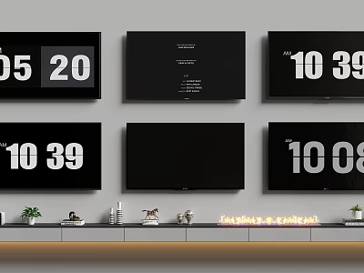 Multiple Modern TVs Displaying Numbers And Time On Living Room Wall With Decorative Items 3d model