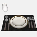 Elegant Dinnerware Set with White Gold Rim Plate Black Placemat Wooden Utensils and Wine Glass