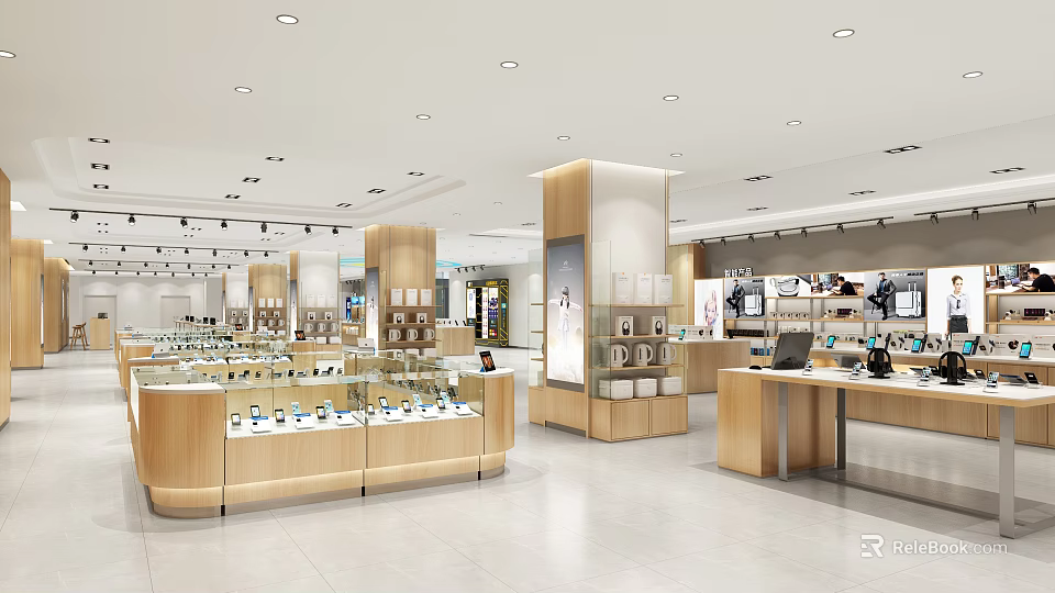 Bright Modern Digital Store Interior With Glass Display Cases Smartphones Cameras And Electronics Accessories 3d model 