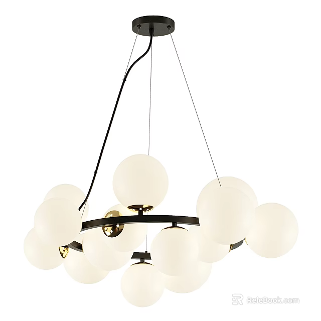 Modern Hanging Chandelier With White Glass Globes And Black Metal Frame 3d model 