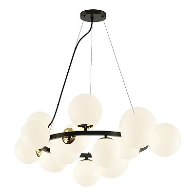 Modern Hanging Chandelier With White Glass Globes And Black Metal Frame 3d model