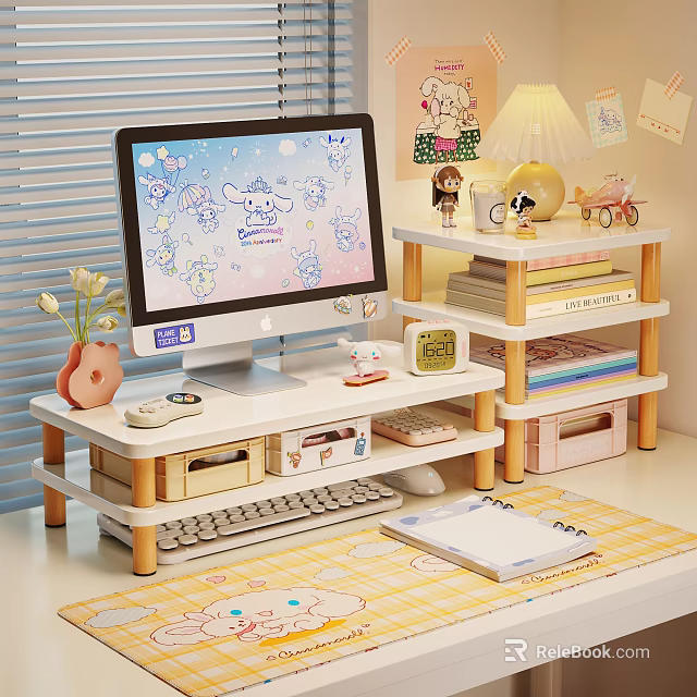 Multi tiered Storage Shelf on Desk Setup with Drawers for Computer Monitor Books and Decorative Items 3d model 