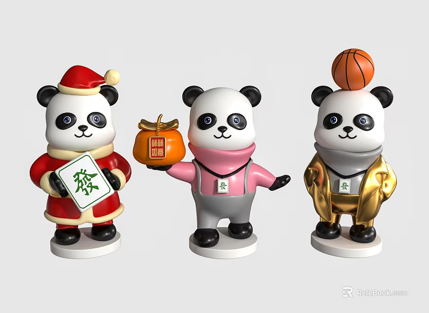Cute Panda Dolls in Different Costumes Holding Fu Scroll Pumpkin and Basketball 3d model 