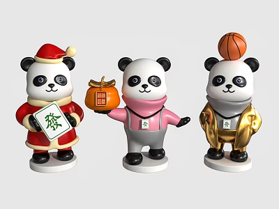 Cute Panda Dolls in Different Costumes Holding Fu Scroll Pumpkin and Basketball 3d model