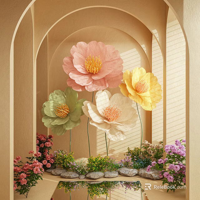 Colorful Paper Flower Art Installation With Archway Background And Decorative Small Flowers 3d model 