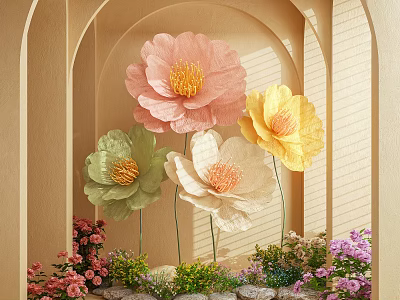 Colorful Paper Flower Art Installation With Archway Background And Decorative Small Flowers 3d model