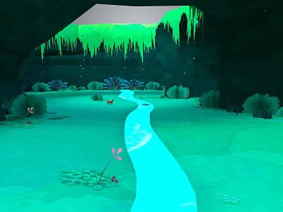 Cave Environment with Green Stalactites Blue Stream and Pink Lotus Plants 3d model