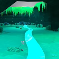 Cave Environment with Green Stalactites Blue Stream and Pink Lotus Plants