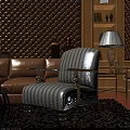 Striped Accent Chair With Metal Legs In Interior With Brown Tufted Wall And Wooden Bookshelf