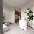Elegant Beauty Salon Interior With Arched Mirrors White Leather Chairs Wooden Counter And Product Shelves