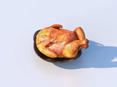 Juicy Golden Brown Whole Roasted Chicken Served On Black Plate 3d model