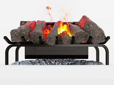 Realistic Electric Fireplace With Flaming Logs Metal Stand And Pebble Base 3d model