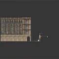 Urban Multi Story Building With Arched Porches Windows Street Lamps And Sidewalk Greenery