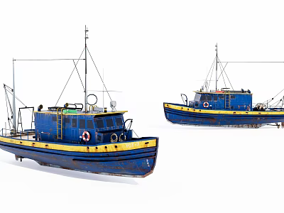 Two Blue Ships With Yellow Accents And Life Rings On White Background 3d model