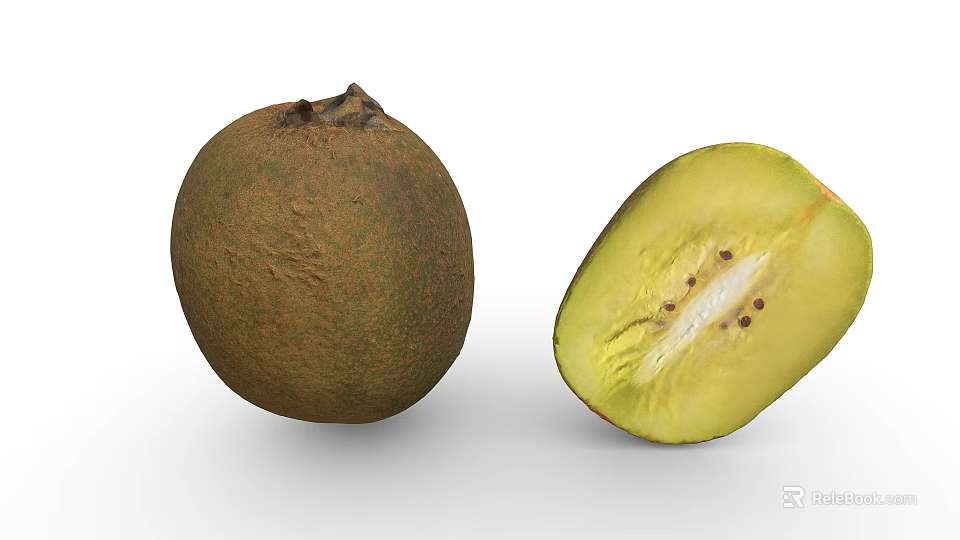 Fresh Whole and Sliced Kiwi Fruit with Yellow Flesh and Black Seeds 3d model 