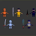 Colorful Cartoon Characters Holding Various Weapons in Different Colored Outfits on Dark Reflective Background