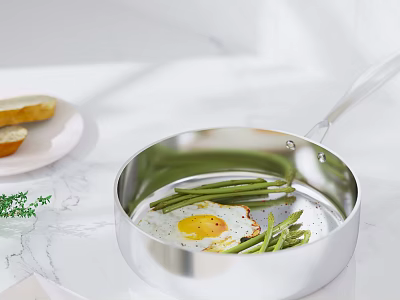 Fried Egg With Green Beans Cooking In Stainless Steel Pan And Bread On Marble Countertop 3d model