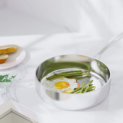 Fried Egg With Green Beans Cooking In Stainless Steel Pan And Bread On Marble Countertop 3d model