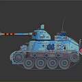 Blue Military Tank With Orange Striped Cannon Detailed Tracks And Red Rear Cylinders
