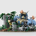 Jungle Dinosaur Building Blocks Set With Rock Scenery Palm Leaves And Ancient Ruins