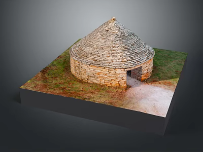 Cartoon Style Stone Hut Model With Domed Roof And Grass Field Pathway 3d model