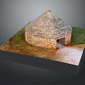 Cartoon Style Stone Hut Model With Domed Roof And Grass Field Pathway